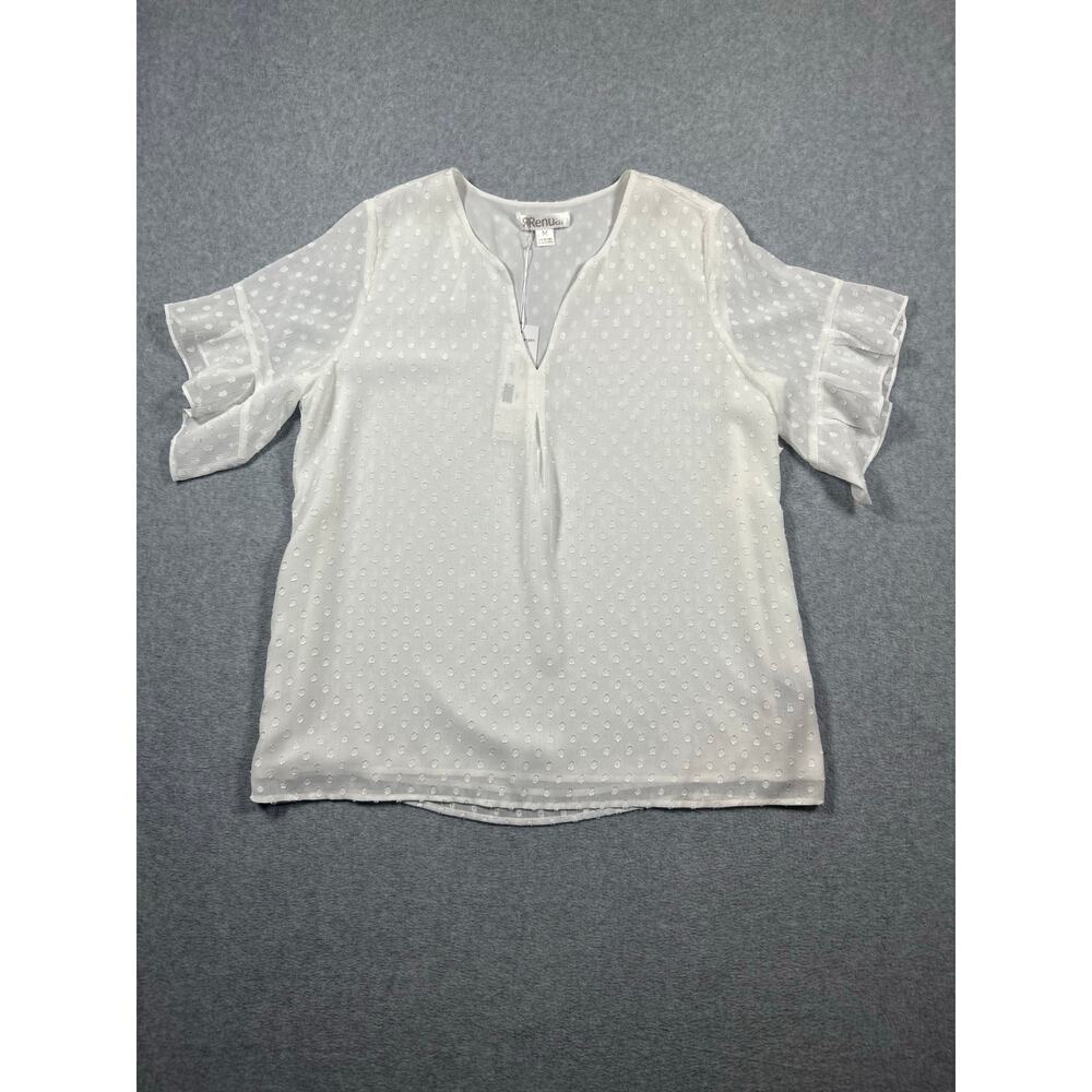 Renuar Pullover Blouse Top Medium Ivory Ruffle Sleeve V-Neck Swiss Dot NWT